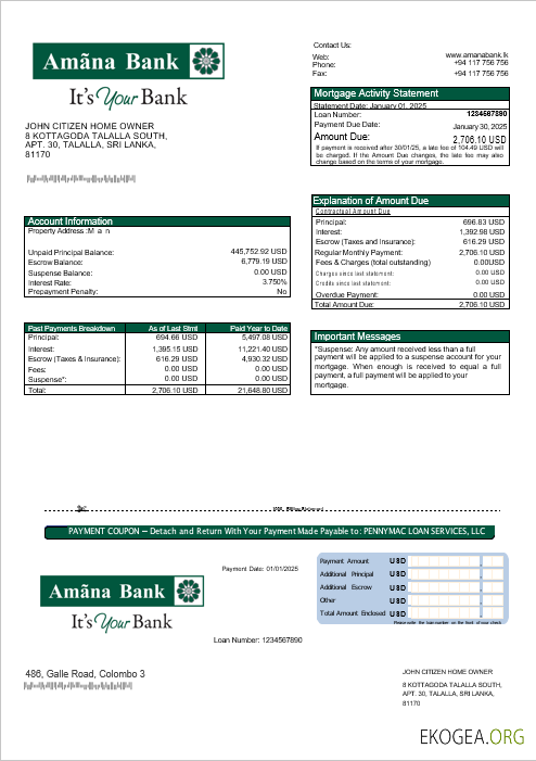 Relevé hypothécaire de la banque Amana du Sri Lanka aux formats Word et PDF